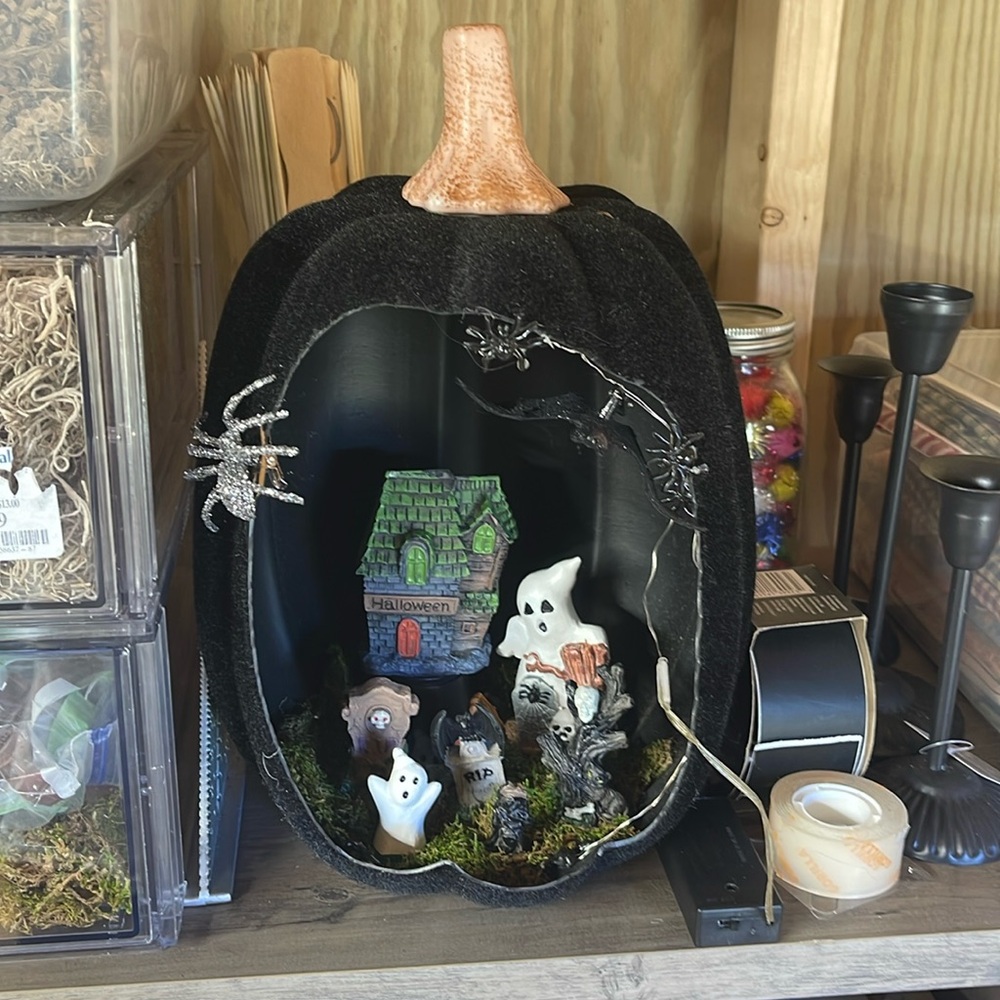 Handcrafted filled in Black felt pumpkin with creepy Halloween figurines